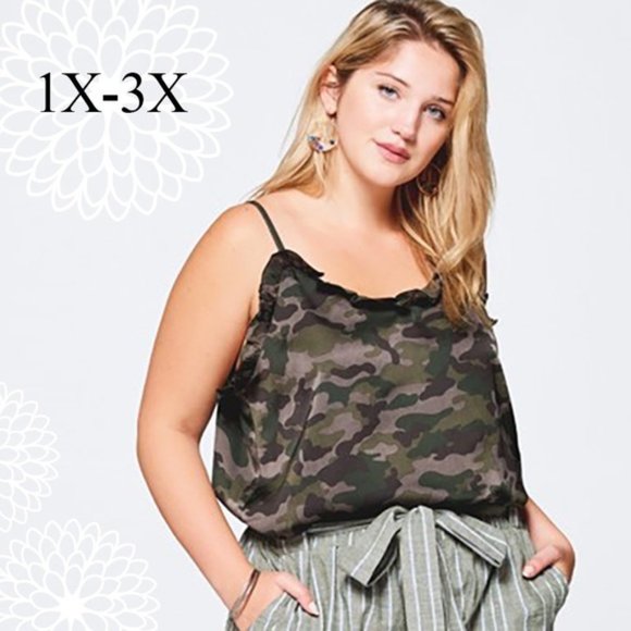 Satin Camo Cami with Ruffle Trim - Picture 3 of 8